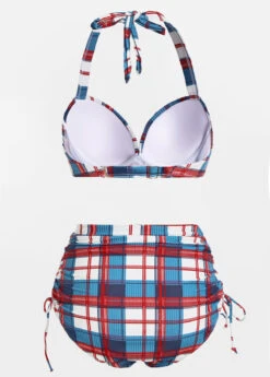 Plaid Print High Waisted Drawstring Side Bikini Set -AquaLina Store 1698219197159381407