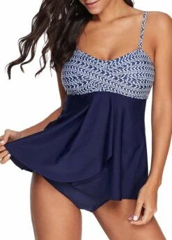 Crossover Hem Chevron Print Navy Blue Tankini Set -AquaLina Store 218565 P 15512480404353