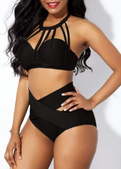 Cage Neck High Waist Cross Front Bikini Set -AquaLina Store 227465 P 15634988607103