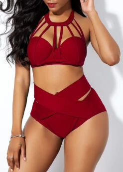 Cross Front High Waist Cage Neck Bikini Set -AquaLina Store 227466 P 15634988542982