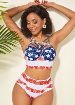 High Waisted American Flag Print Spaghetti Strap Bikini Set