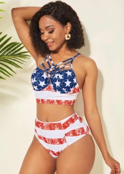 High Waisted American Flag Print Spaghetti Strap Bikini Set -AquaLina Store 238530 P 15898559258552