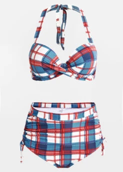 Plaid Print High Waisted Drawstring Side Bikini Set