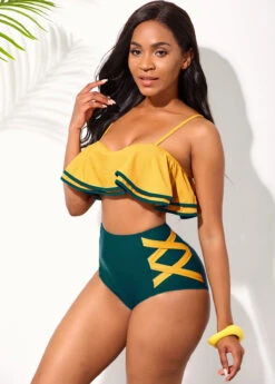 Ruffle Hem Contrast Spaghetti Strap High Waisted Bikini Set -AquaLina Store 254902 P 16070457621002