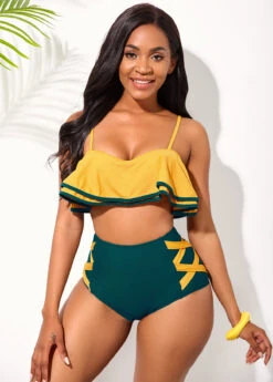 Ruffle Hem Contrast Spaghetti Strap High Waisted Bikini Set -AquaLina Store 254902 P 16070457628443