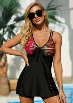Stripe Red Double Straps Tankini Set
