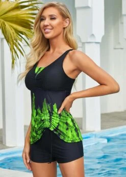 Plant Print Spaghetti Strap Tankini Set -AquaLina Store 258867 P 16100965621243