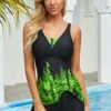 Plant Print Spaghetti Strap Tankini Set