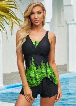 Plant Print Spaghetti Strap Tankini Set