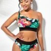One Shoulder Floral Print High Waisted Bikini Set -AquaLina Store 259241 P 16214886001110