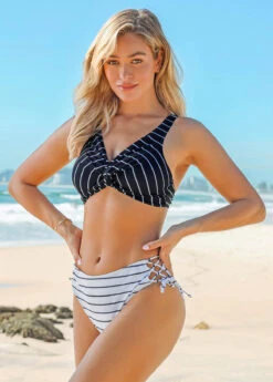 Tie Side Striped Twist Front Bikini Set -AquaLina Store 259967 P 16176842949182