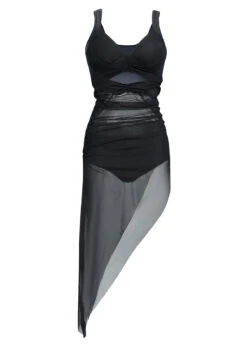 Asymmetric Hem Ruched Mesh Swimdress And Panty