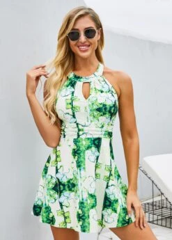 Keyhole Neckline Printed Strappy Back Swimdress And Shorts