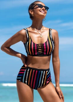 Rainbow Stripe Ladder Cutout Bikini Set
