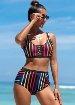 Rainbow Stripe Ladder Cutout Bikini Set -AquaLina Store 260893 P 1616650631144