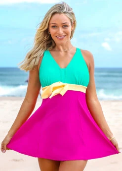 Color Block Wide Strap Swimdress And Shorts -AquaLina Store 262581 P 16117374023933