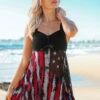 American Flag Print Wide Strap Asymmetric Hem Swimdress And Shorts -AquaLina Store 262673 P 16176844234070