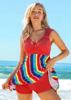 Rainbow Stripe Wide Strap Mid Waist Swimdress And Shorts -AquaLina Store 263030 P 16176843145794