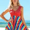 Rainbow Stripe Wide Strap Mid Waist Swimdress And Shorts -AquaLina Store 263030 P 16176843147660