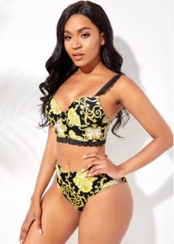 Baroque Print Lace Trim Bikini Set -AquaLina Store 263117 P 16106871734792