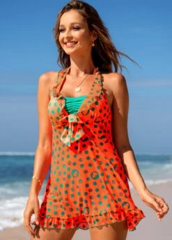 Bowknot Flounce Polka Dot Swimdress And Shorts