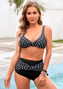 Polka Dot Spaghetti Strap Twist Front Bikini Set -AquaLina Store 266510 P 16153726643514