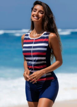 Striped Zipper Closure Wide Strap Tankini Set -AquaLina Store 266858 P 16191561437994