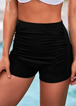 Black Ruched High Waisted Swim Shorts