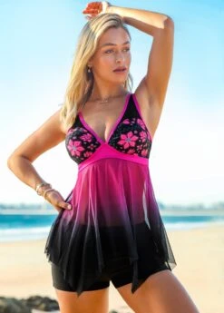 Asymmetric Hem Floral Print Ombre Swimdress Set