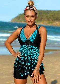 Geometric Print Lace Up Swimdress And Shorts -AquaLina Store 268448 P 16158841593153