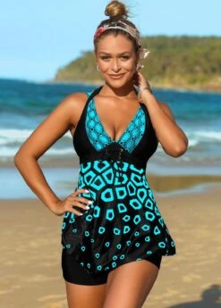 Geometric Print Lace Up Swimdress And Shorts