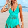 Tassel Spaghetti Strap Solid Swimdress And Panty -AquaLina Store 269085 P 16164682647420