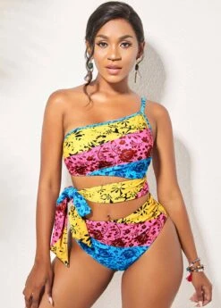 Rainbow Color Tie Side Printed Bikini Set -AquaLina Store 270546 P 16221796440094