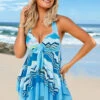 Asymmetric Hem Layered Chevron Print Halter Swimdress And Shorts -AquaLina Store 272680 P 16600141941990