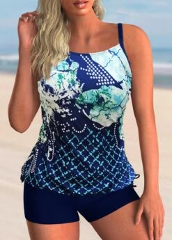 Printed Spaghetti Strap Tie Side Tankini Set