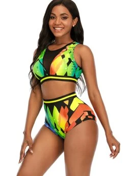 High Waist Mesh Stitching Printed Bikini Set -AquaLina Store 273288 P 1619586080092