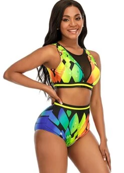 High Waist Mesh Stitching Printed Bikini Set -AquaLina Store 273288 P 1619586080885