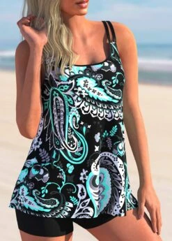 Cyan Paisley Print Spaghetti Strap Tankini Set -AquaLina Store 273874 P 1620374211225