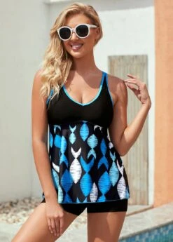 Wide Strap Geometric Print Contrast Stitch Tankini Set -AquaLina Store 274378 P 16250175514812