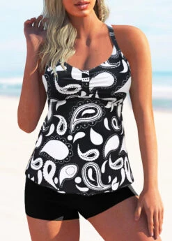 Wide Strap Criss Cross Back Animal Prints Tankini Set