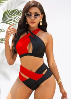 Contrast Cross Strap High Waist Bikini Set -AquaLina Store 277477 P 16754139965043