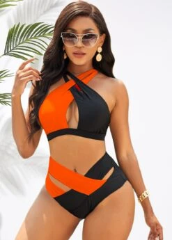 Orange High Waisted Cross Strap Bikini Set -AquaLina Store 277800 P 16243252540652