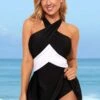 Black Color Block Cross Strap Swimdress Set -AquaLina Store 286675 P 16375471385180
