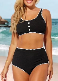 High Waisted Decorative Button Black Bikini Set