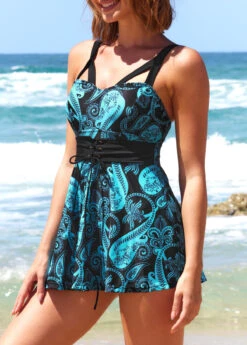 Paisley Print Tie Front Cyan Swimdress Set -AquaLina Store 287663 P 16450095847042