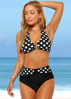 Black Polka Dot High Waisted Halter Bikini Set -AquaLina Store 287677 P 16388825845863