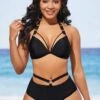 High Waisted Black Halter Metal Ring Detail Bikini Set -AquaLina Store 288757 P 16373077310250