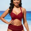 Wine Red Halter Mid Waist Bikini Set -AquaLina Store 288759 P 16381853224730