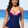 Navy Blue Decorative Button Contrast Stitch Tankini Set