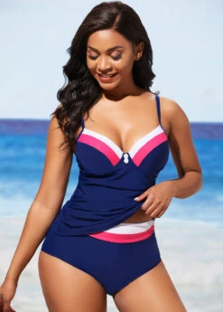 Navy Blue Decorative Button Contrast Stitch Tankini Set -AquaLina Store 288876 P 16381853223153